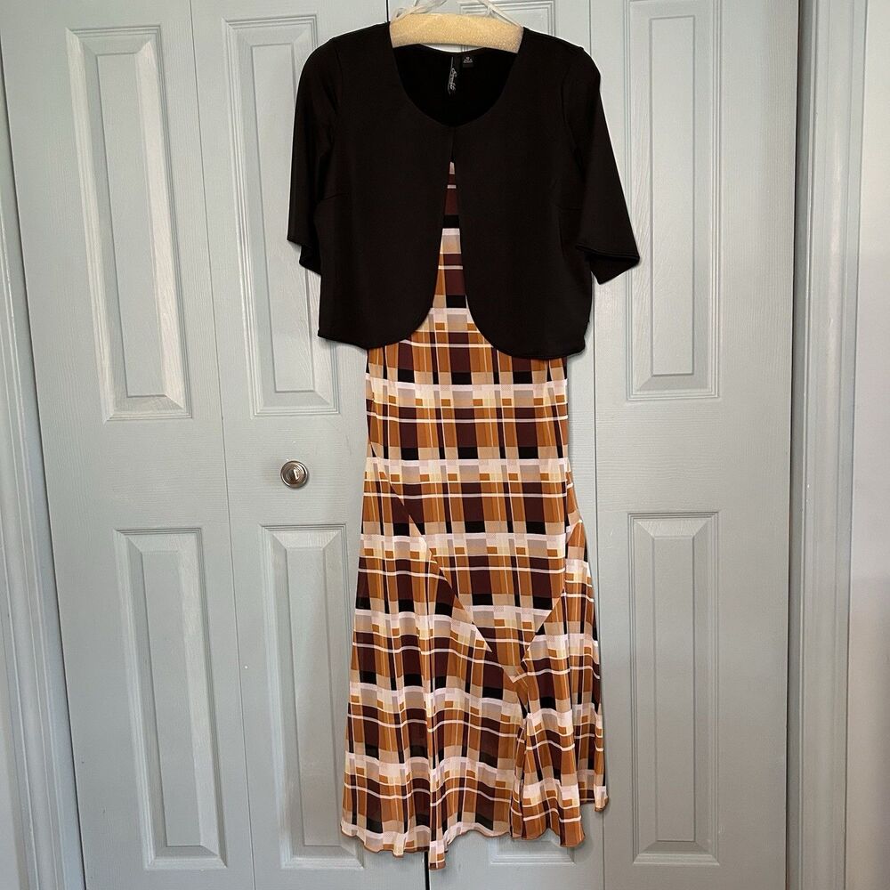 Essentials By Milano Maxi Dress 10 Formal Checkered W/ Short Sleeve‎ Shrug